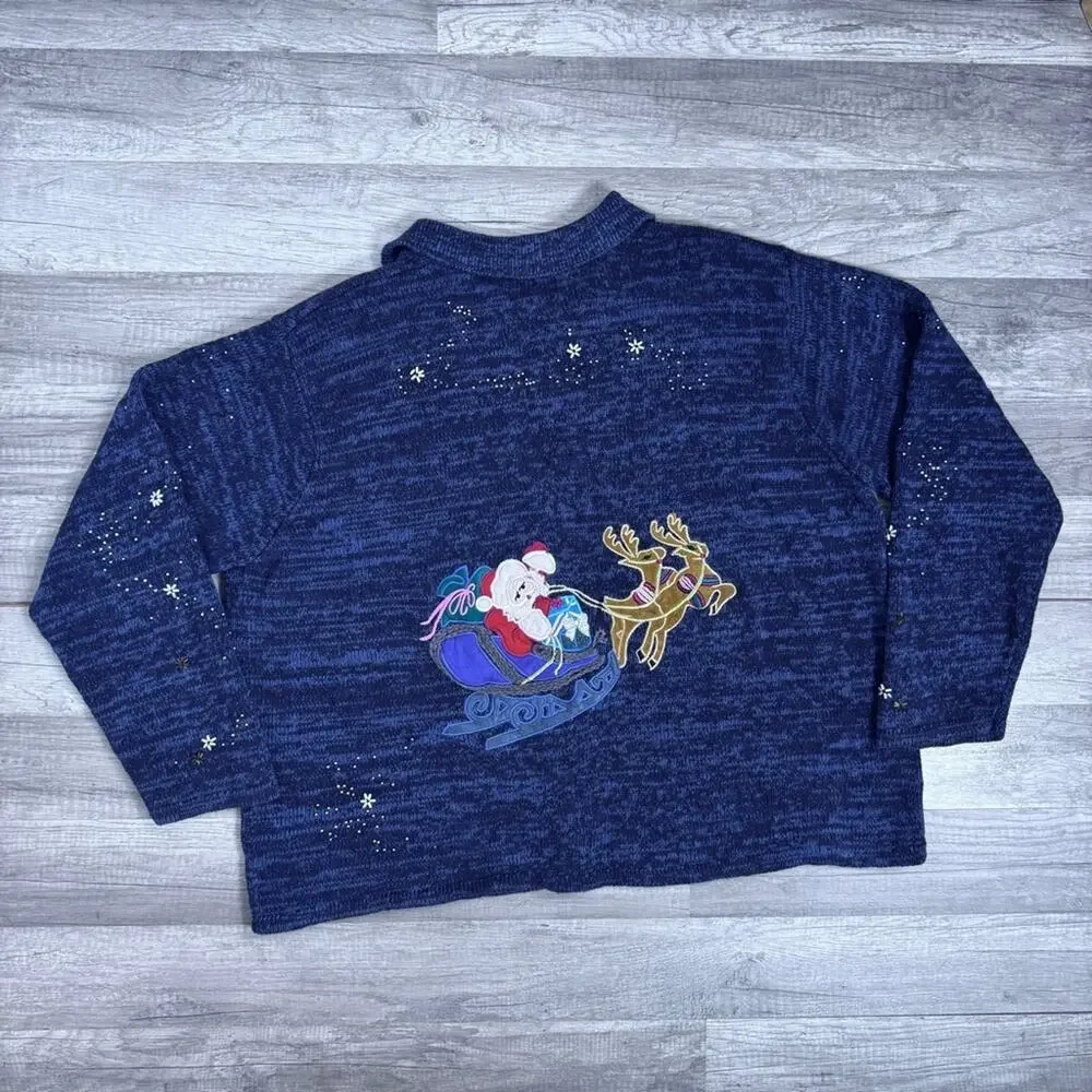 Vintage 90s Santa  Christmas  Zip Cardigan Sweater 2X Plus Size Holiday Knit - Picture 3 of 7